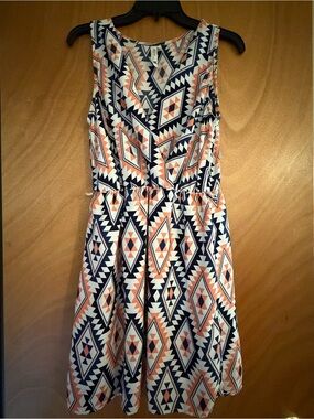 Pink Owl Sleeveless Aztec Midi Dress in Navy and Coral